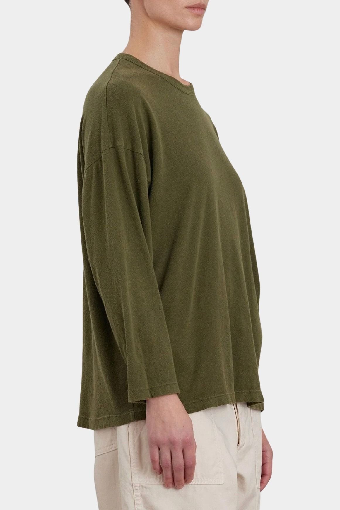 Black Crane Loose Fit Long Sleeve Army side view showing dropped shoulder and relaxed shape