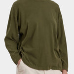 Black Crane Loose Fit Long Sleeve Army close up showing crew neckline and soft jersey texture