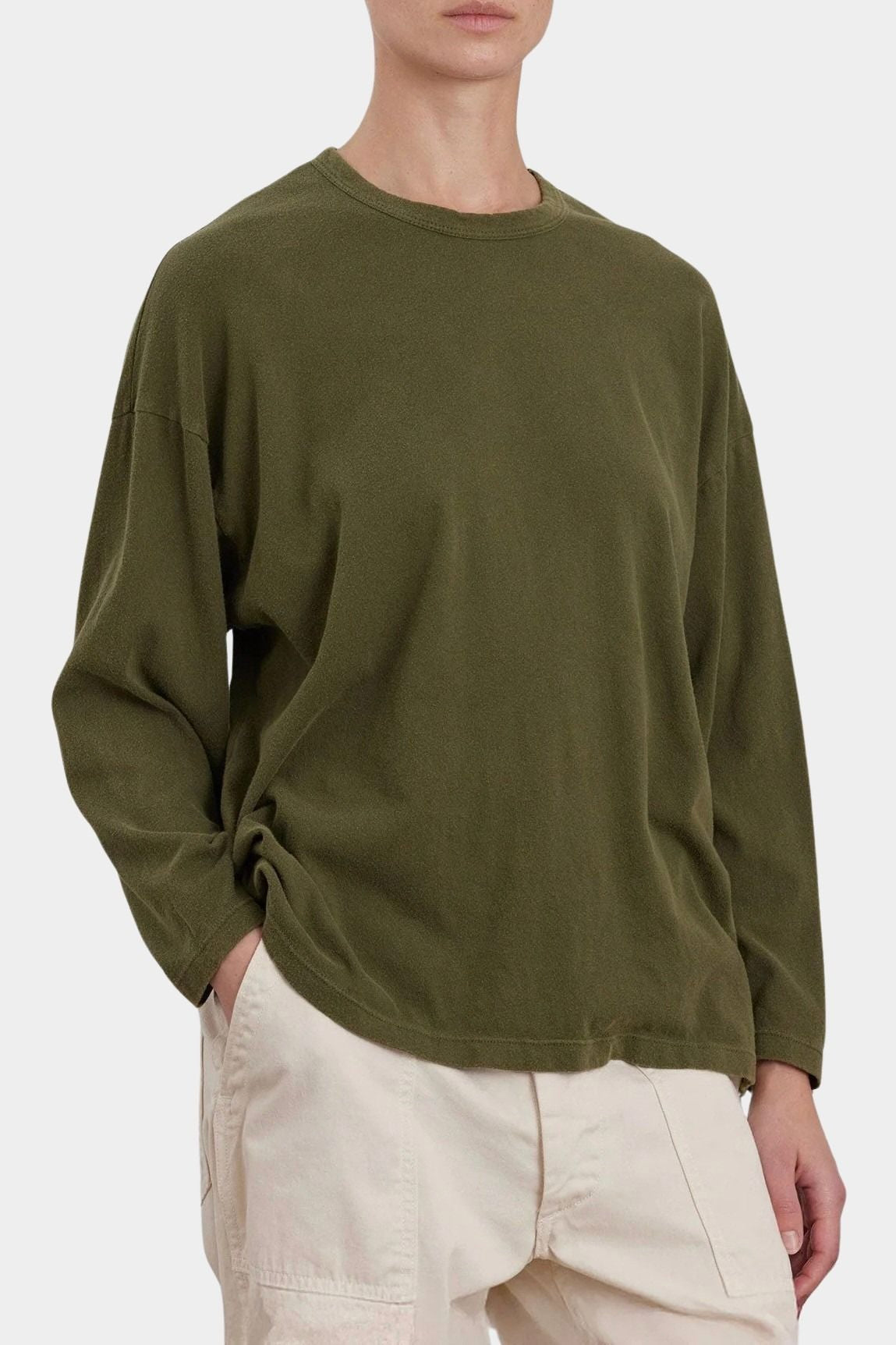 Black Crane Loose Fit Long Sleeve Army close up showing crew neckline and soft jersey texture