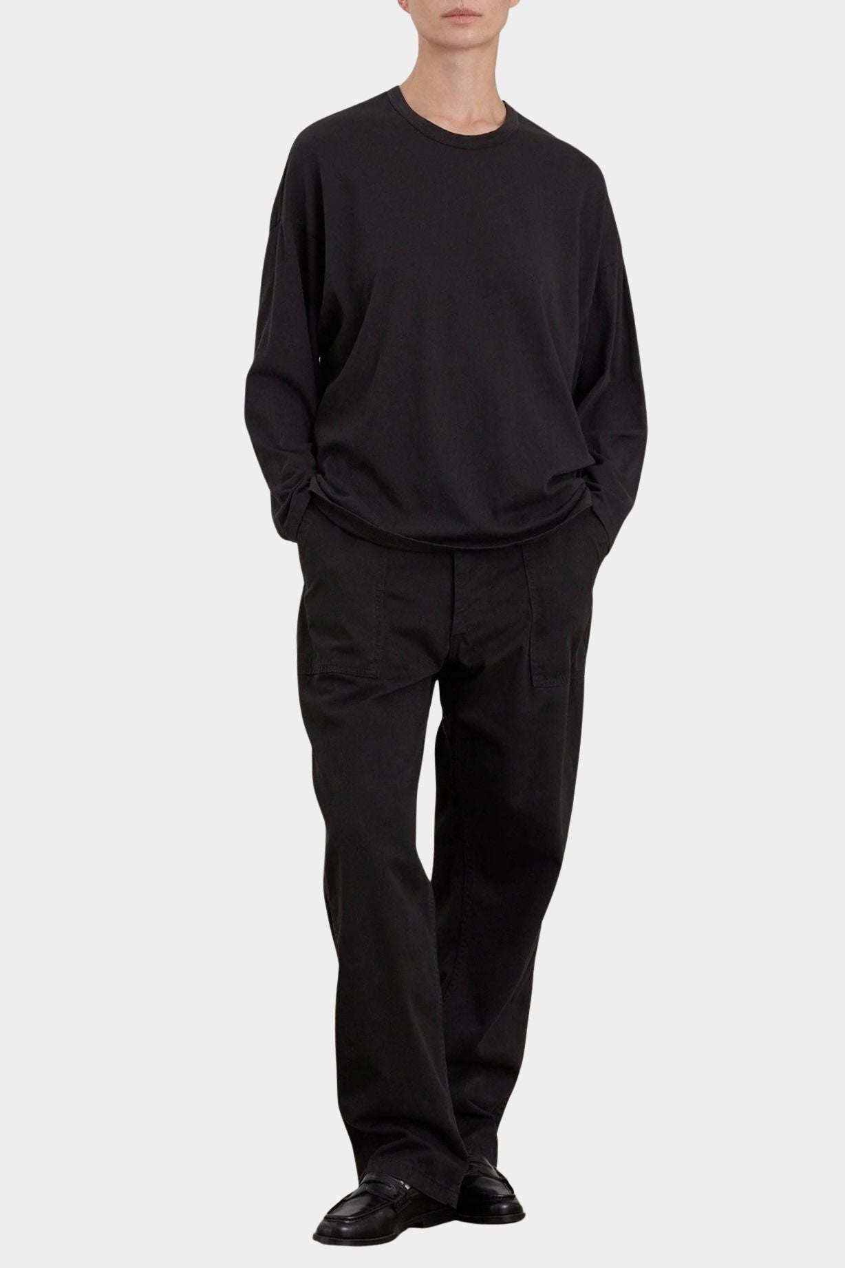 Black Crane Loose Fit Long Sleeve Black full length styling view with relaxed black pants