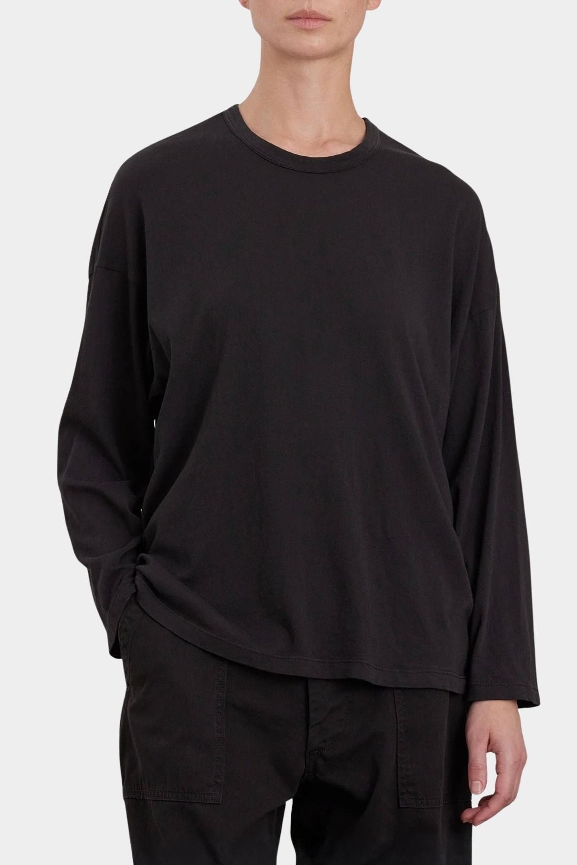 Black Crane Loose Fit Long Sleeve Black front view showing relaxed crewneck silhouette at YUCCA Denver