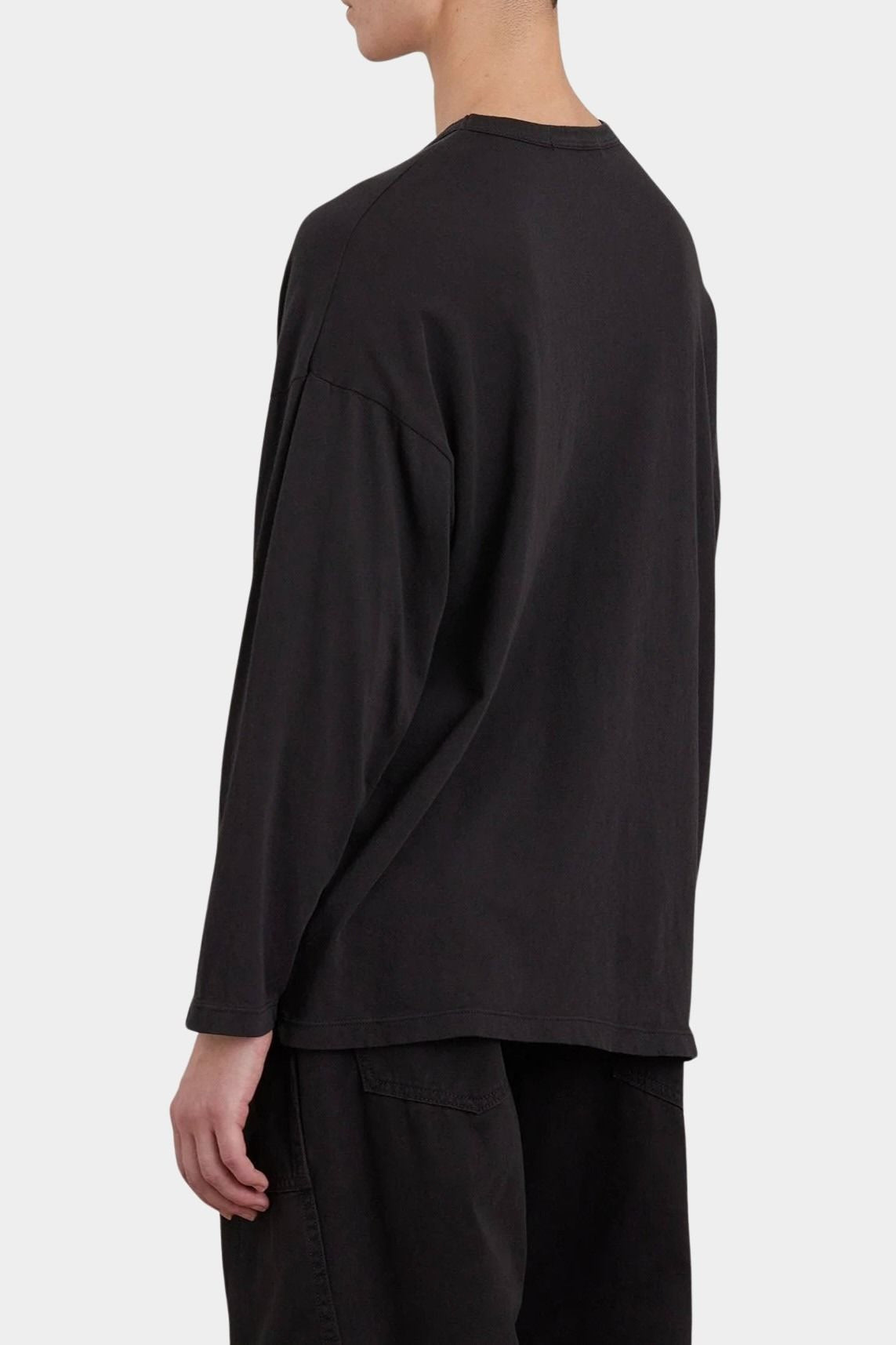 Black Crane Loose Fit Long Sleeve Black back three quarter view showing dropped shoulder construction