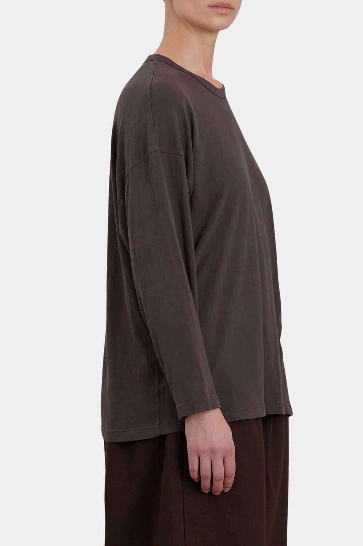 Black Crane Loose Fit Long Sleeve Dk. Cacao side view showing dropped shoulder and long sleeve shape