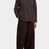 Black Crane Loose Fit Long Sleeve Dk. Cacao full front view styled with wide leg pants at YUCCA Denver