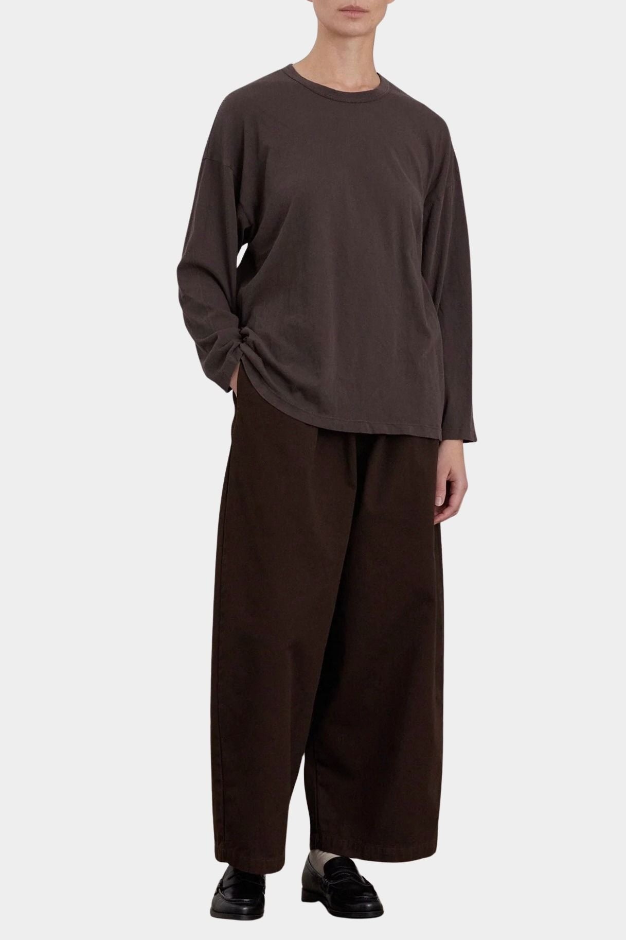 Black Crane Loose Fit Long Sleeve Dk. Cacao full front view styled with wide leg pants at YUCCA Denver