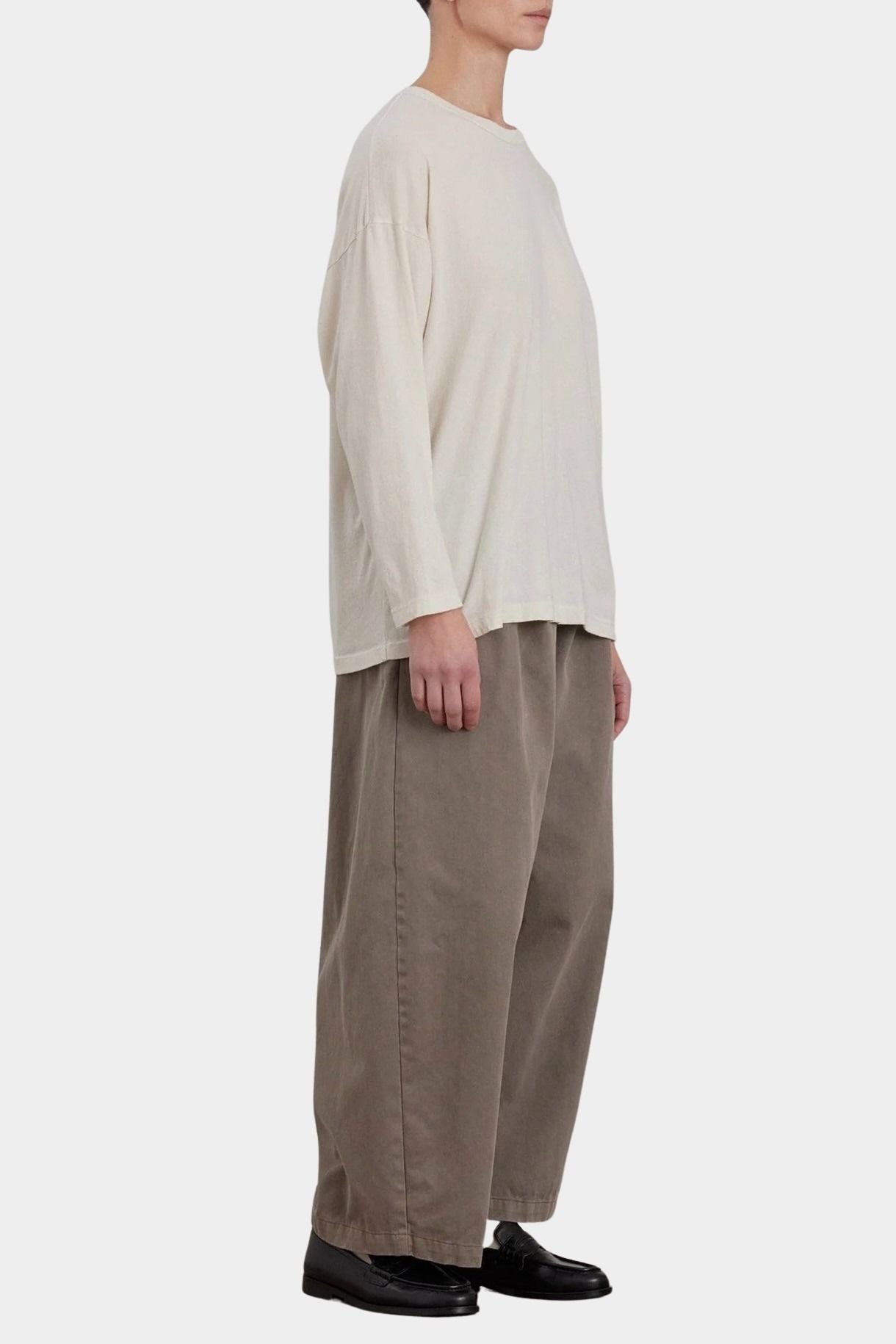 Black Crane Loose Fit Long Sleeve White side view showing relaxed silhouette and dropped shoulder