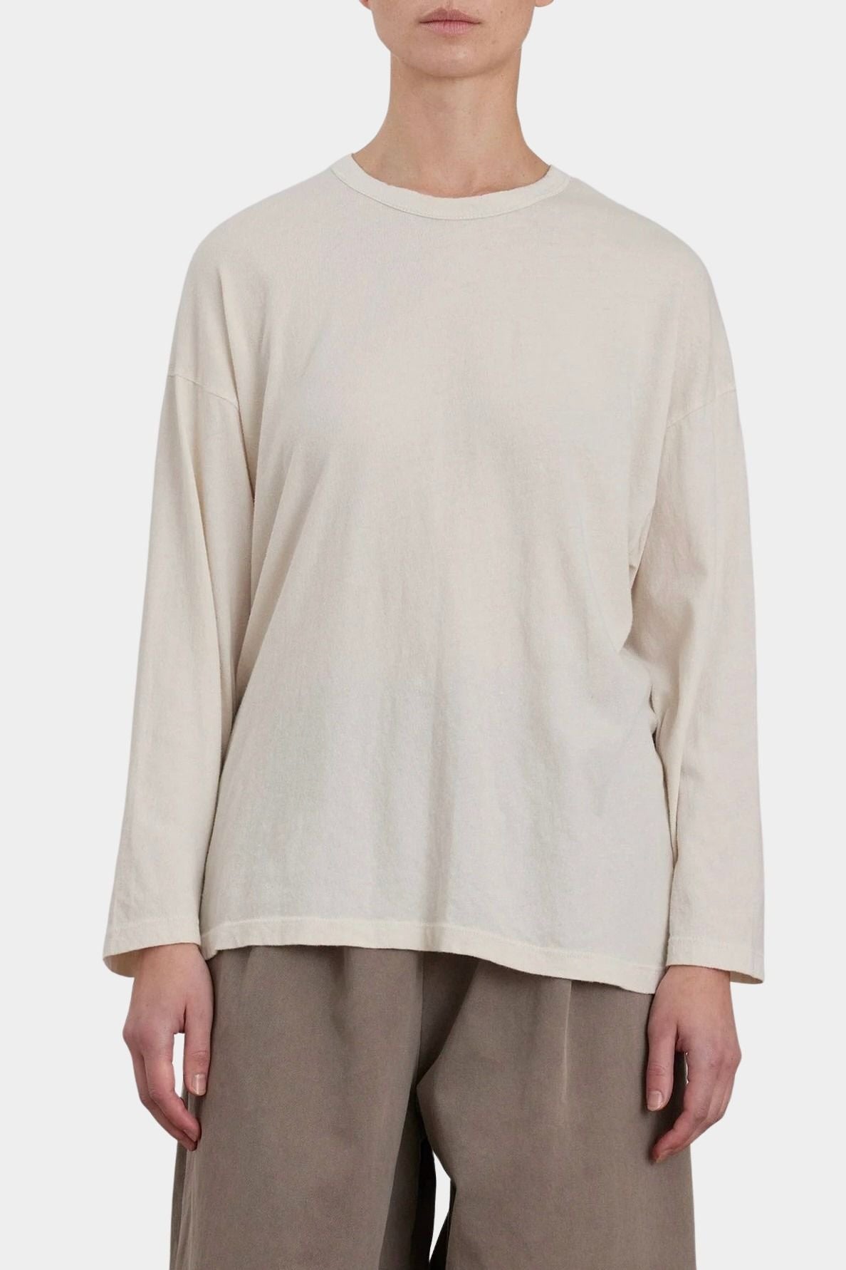 Black Crane Loose Fit Long Sleeve White front view showing relaxed fit and dropped shoulders