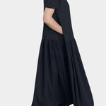 black crane new easy dress sumi black cotton gauze side view with pockets dropped waist silhouette