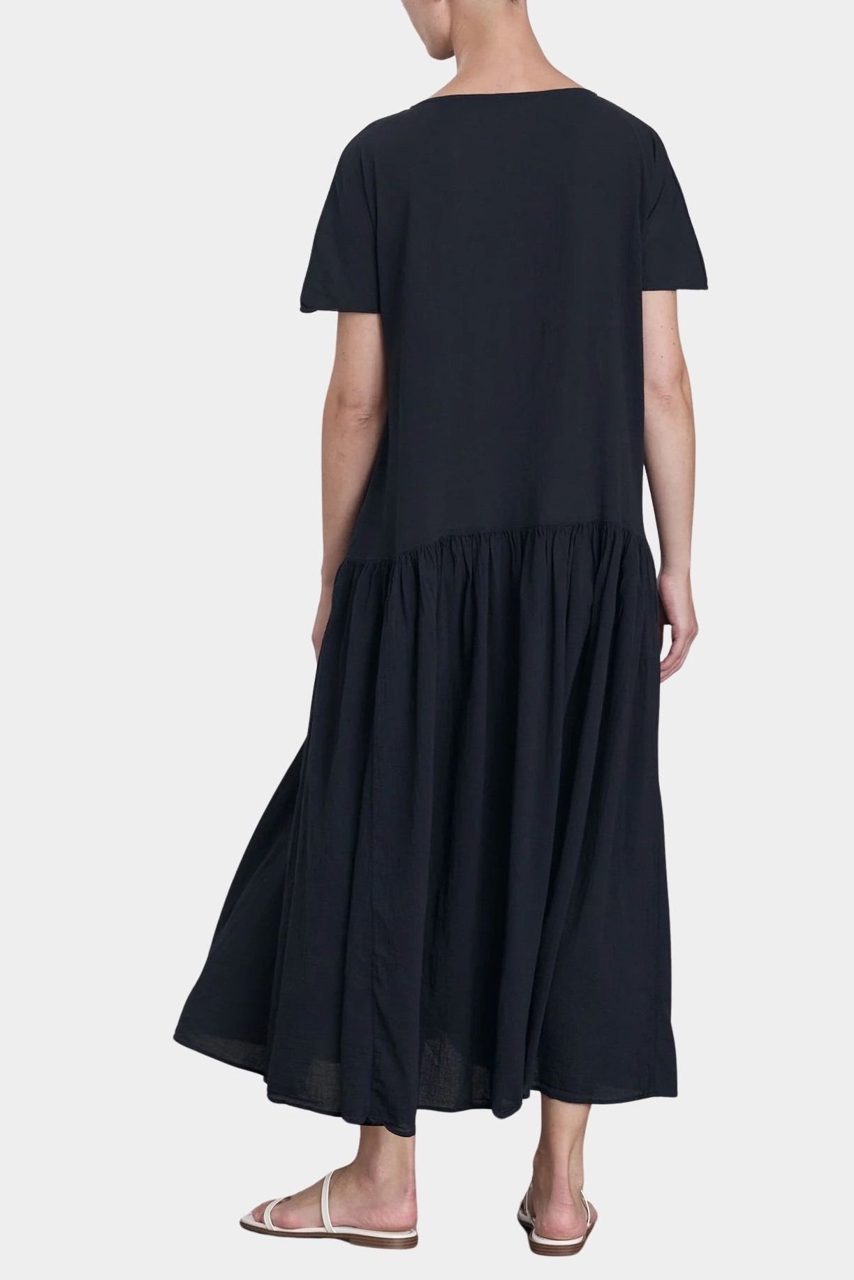 black crane new easy dress sumi black cotton gauze back view dropped waist gathered skirt
