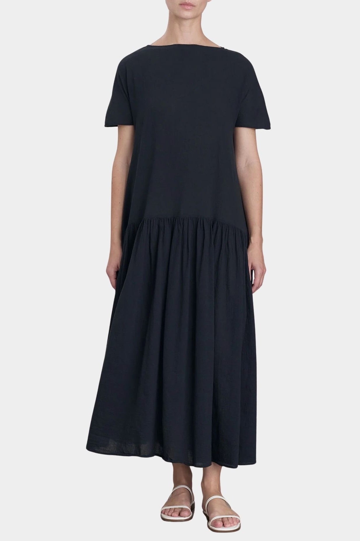 black crane new easy dress sumi black cotton gauze short sleeve boat neck front view