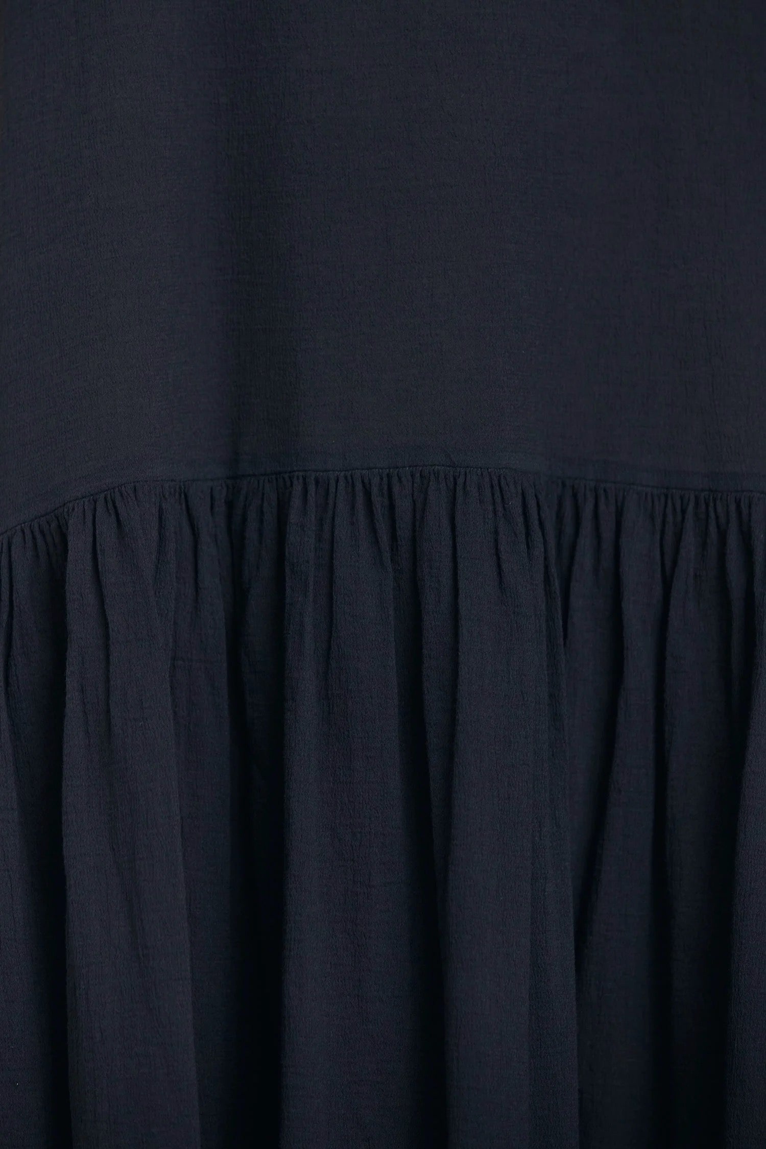 black crane new easy dress sumi black cotton gauze detail gathered waist seam texture