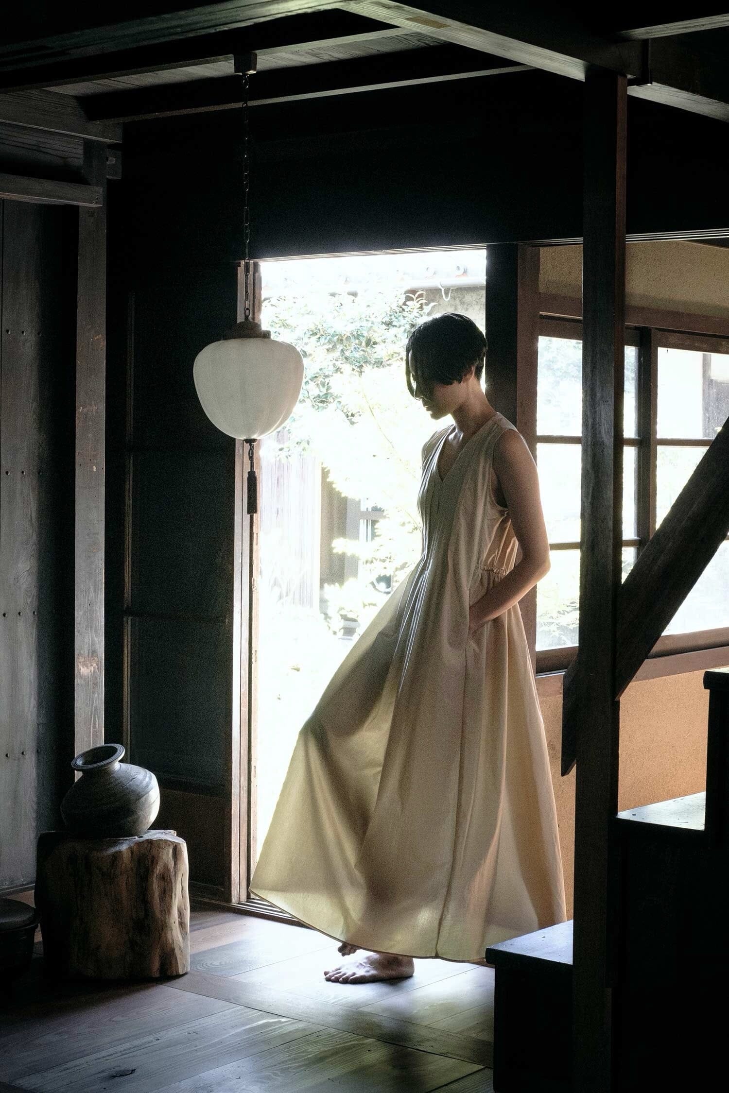 Black Crane - Pleated V Neck Dress - Oyster - Dress - YUCCA, artistic clothing for women, Women’s clothing store Denver.