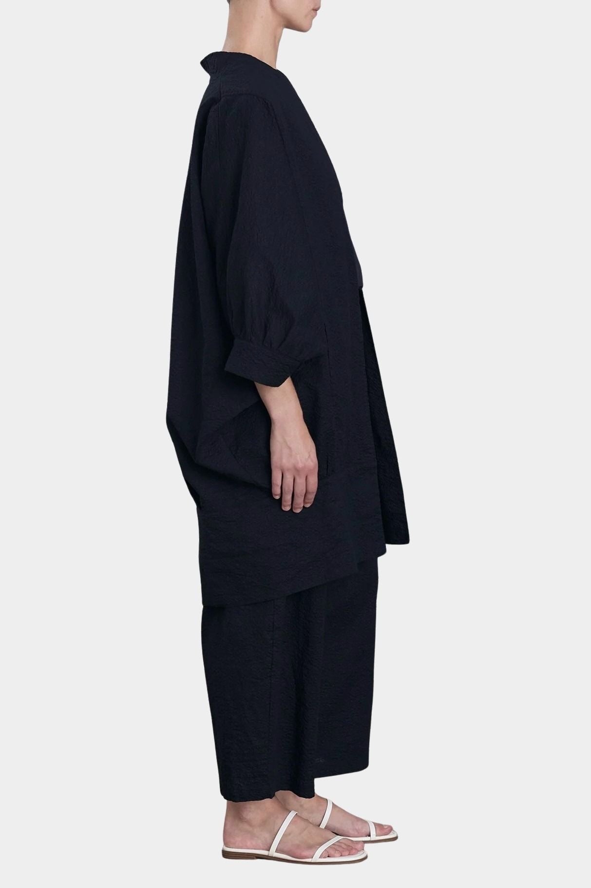 Black Crane spoon jacket midnight side view oversized silhouette wide sleeve drape