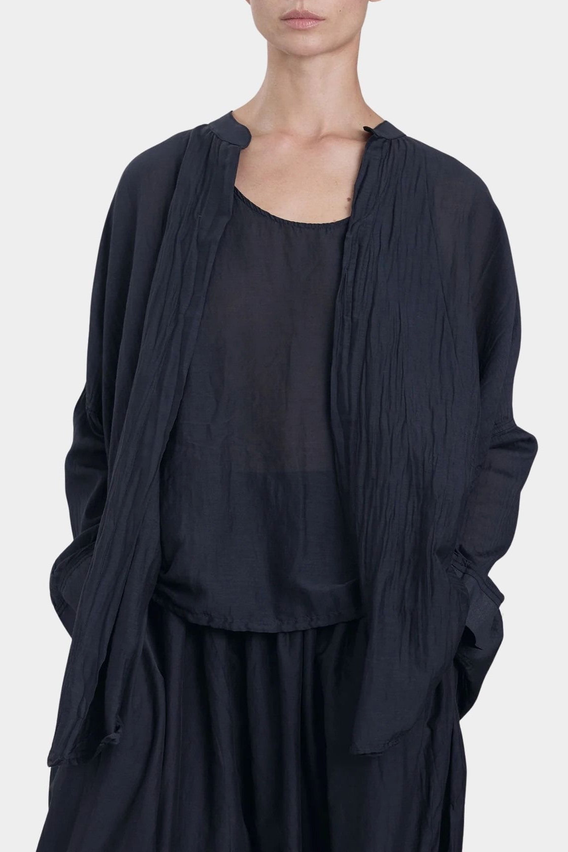 square shirt womens faded black silk cotton oversized top black crane sleeve detail