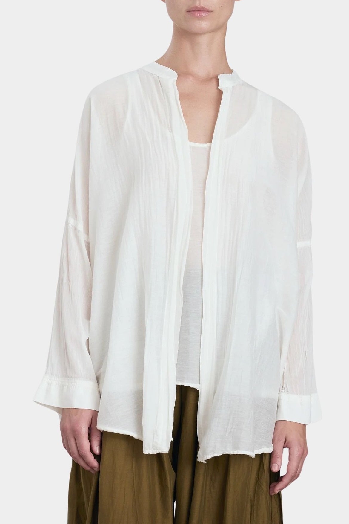 square shirt womens ivory sheer cotton silk oversized top black crane front mid view