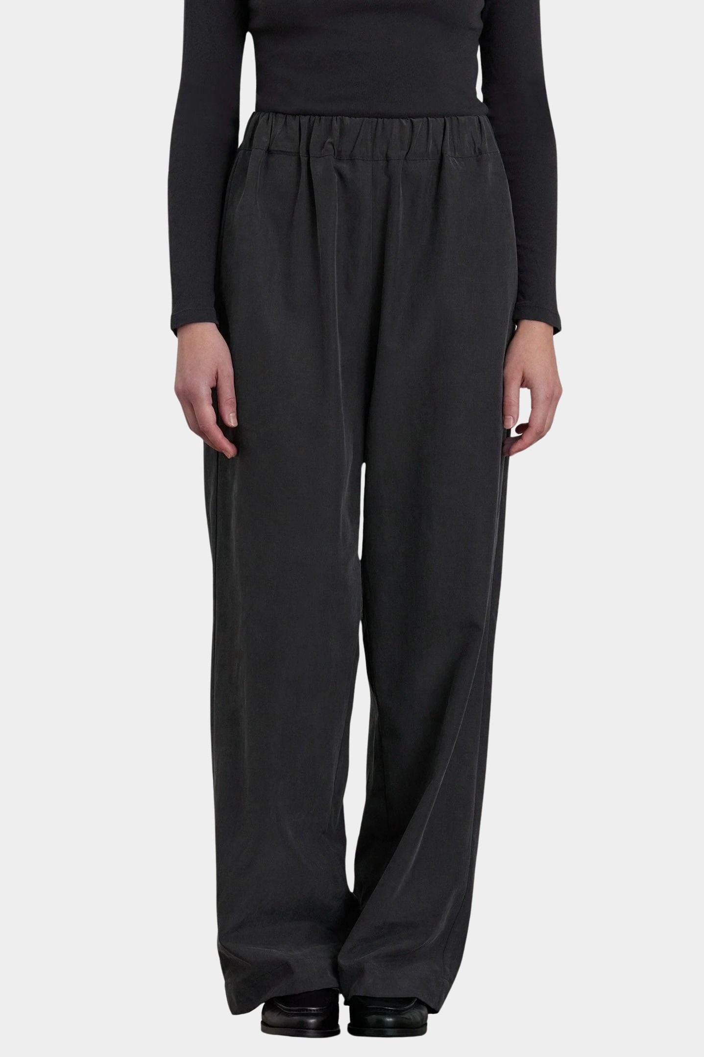 Black Crane Straight Pants Black front view with elastic waist and fluid full length leg at YUCCA Denver
