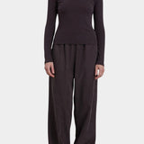 Black Crane Straight Pants Dark Plum full length front view showing relaxed fit and drape