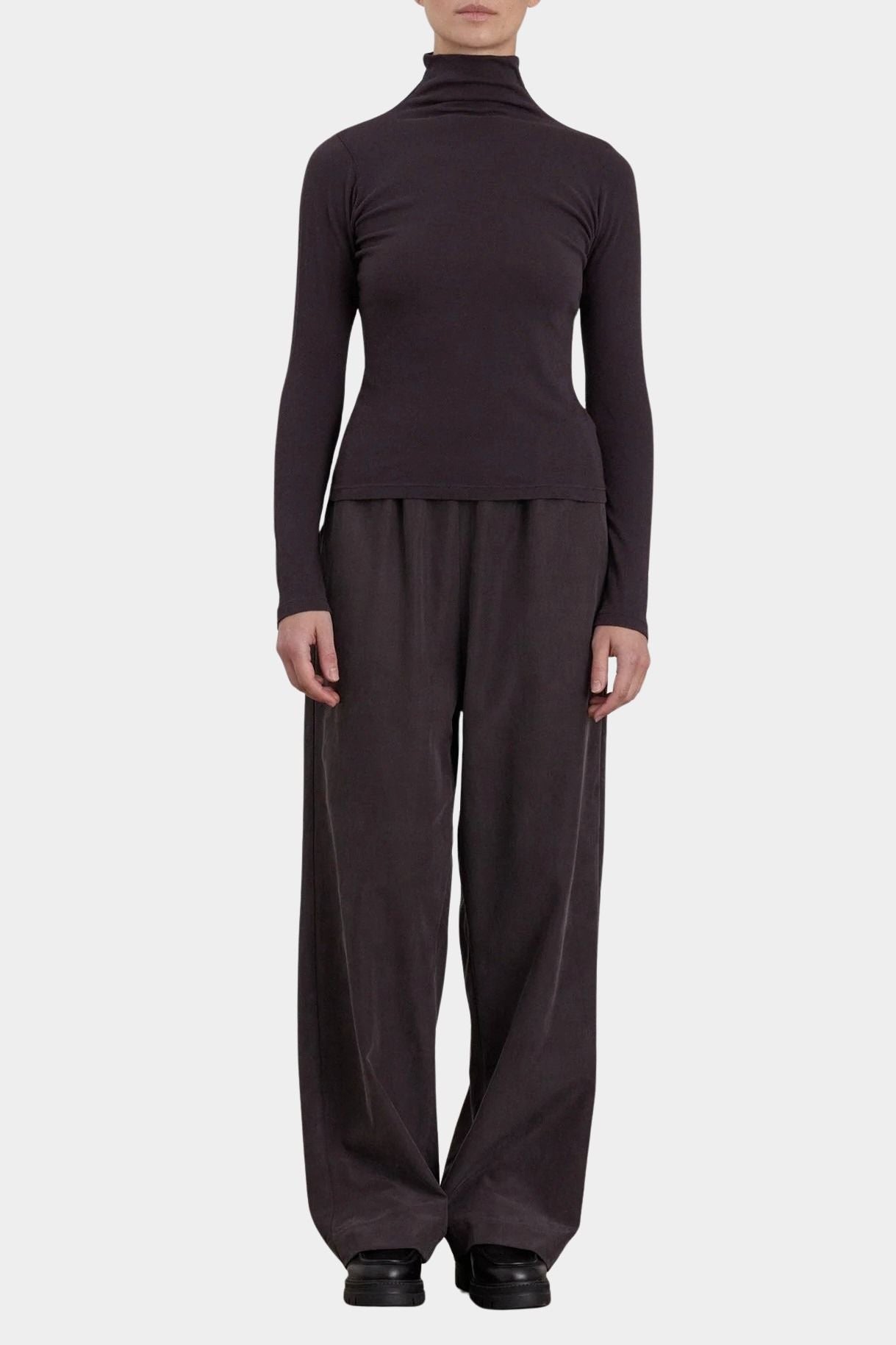 Black Crane Straight Pants Dark Plum full length front view showing relaxed fit and drape