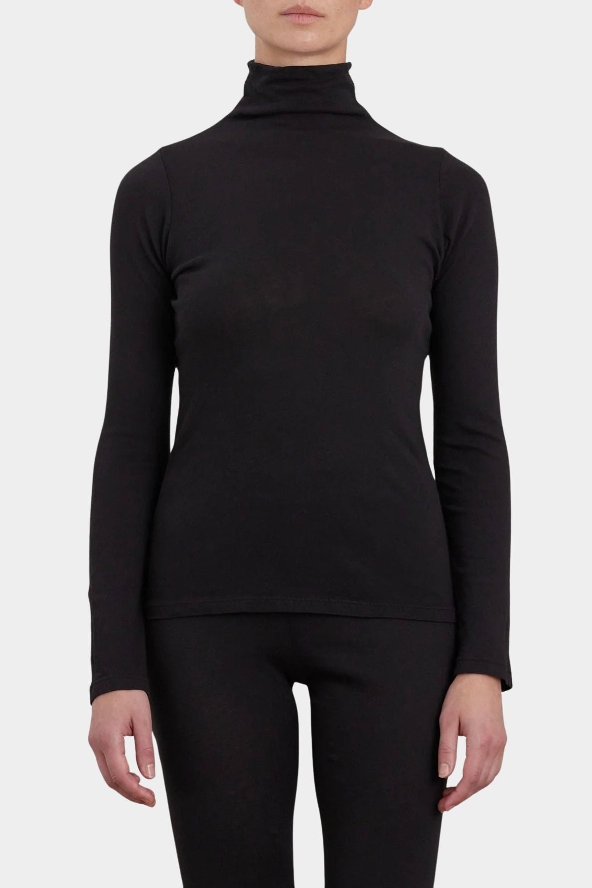 Black Crane Turtle Neck Long Sleeve Black front view showing fitted turtleneck and long sleeves