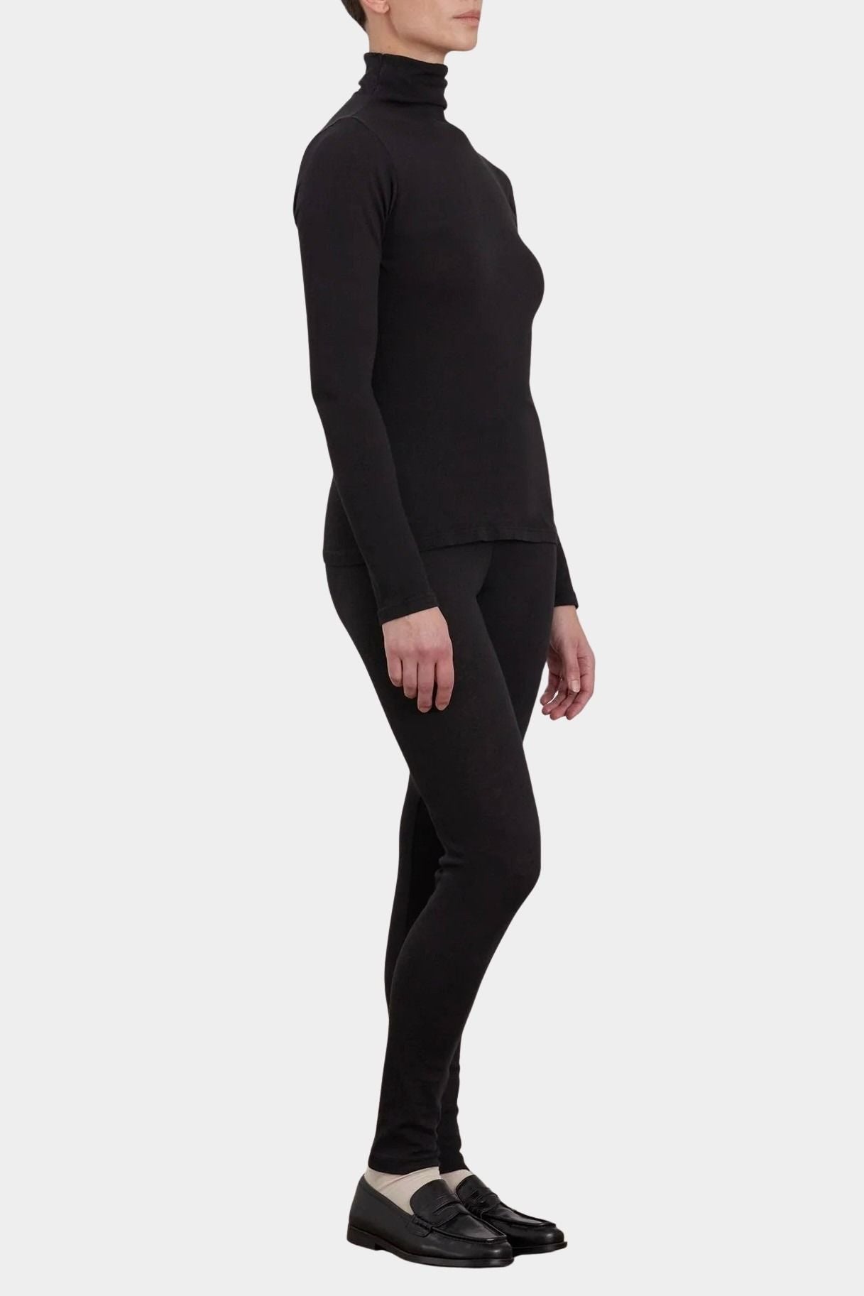Black Crane Turtle Neck Long Sleeve Black full length side view showing slim fitted silhouette