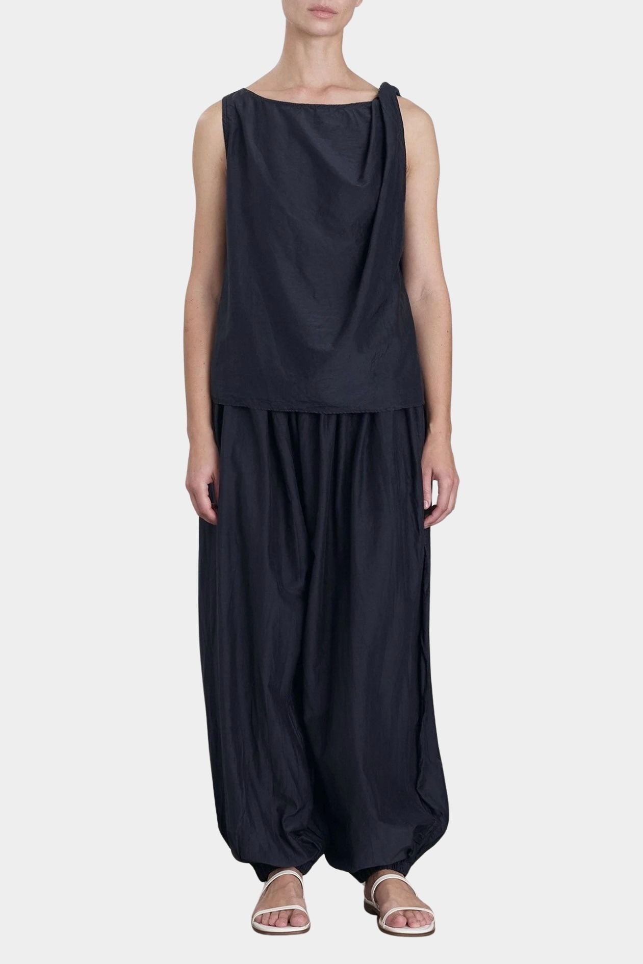 Black Crane twisted tank top faded black full outfit with wide leg pants relaxed silhouette