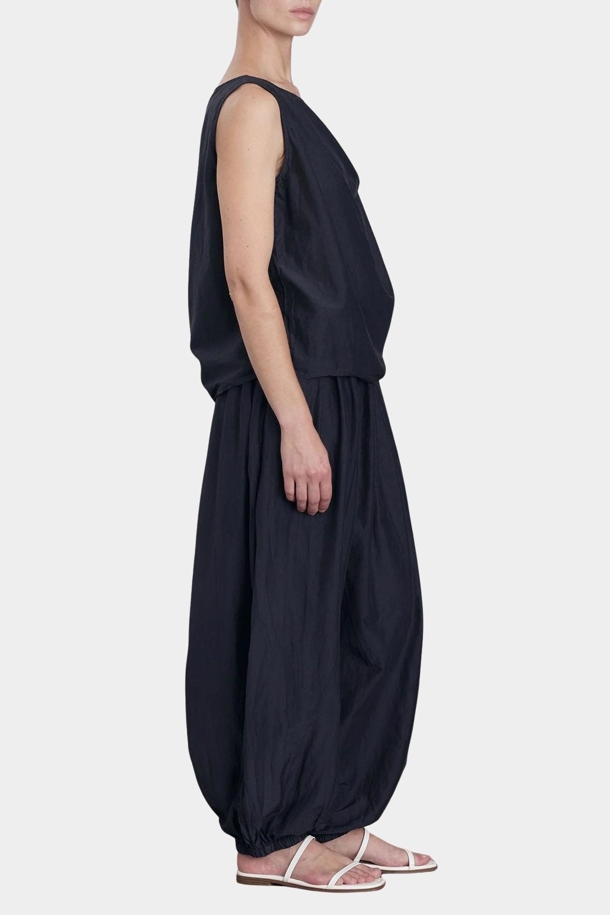 Black Crane faded black twisted tank top detail of shoulder knot and gathered fabric