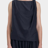 Black Crane twisted tank top in faded black lightweight cotton with draped shoulder detail front view