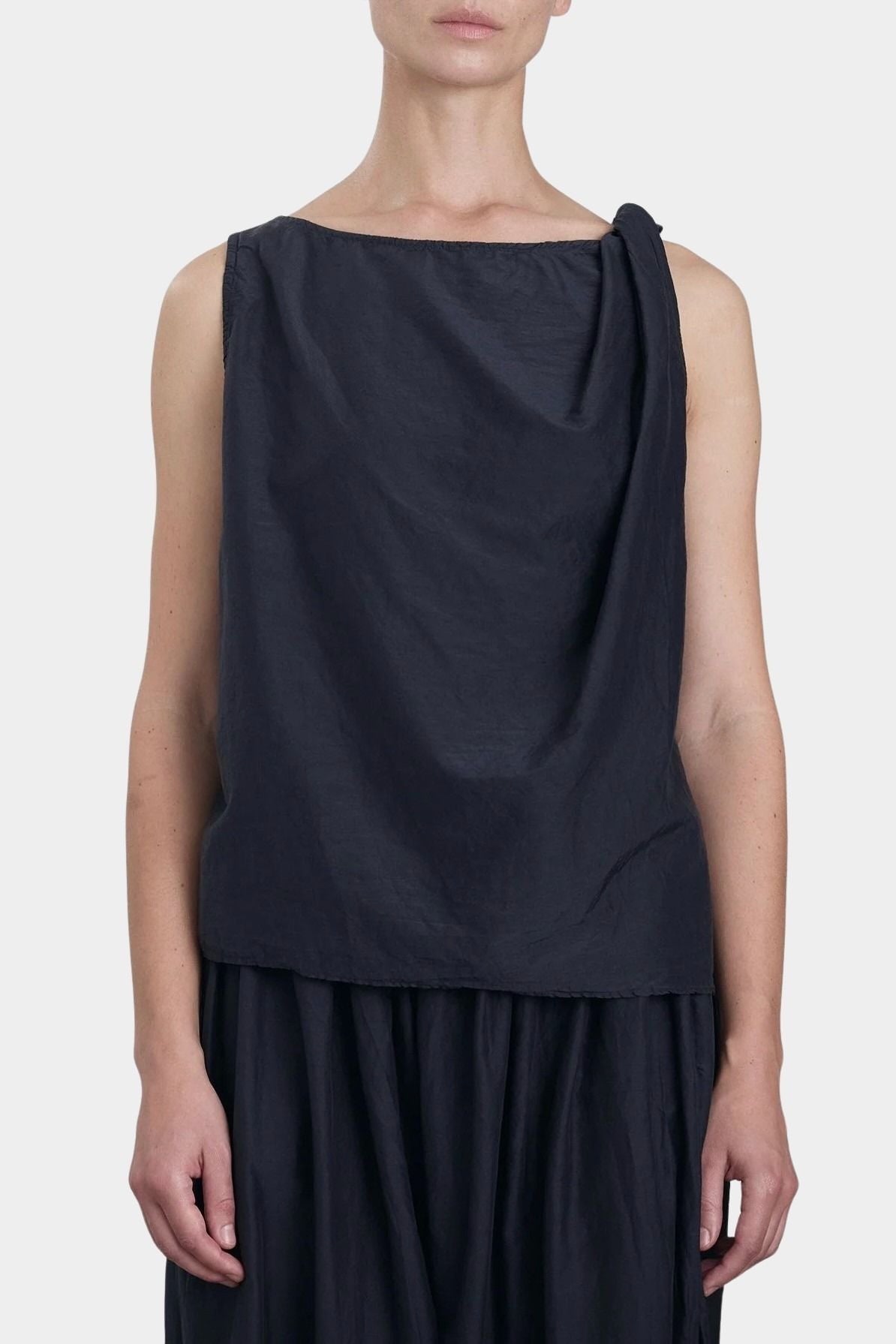 Black Crane twisted tank top in faded black lightweight cotton with draped shoulder detail front view