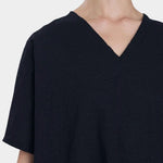 Black Crane v neck dress midnight neckline detail raw edge v neck cotton close up