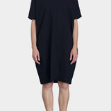 Black Crane v neck dress midnight cotton dress relaxed fit knee length front view