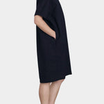Black Crane v neck dress midnight side view loose fit minimal shape