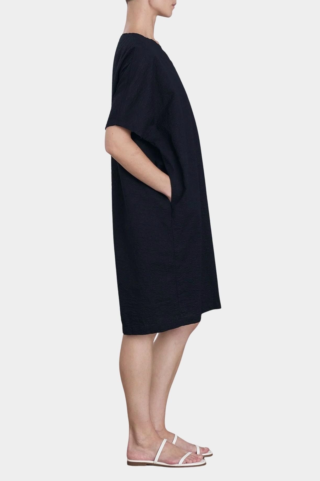 Black Crane v neck dress midnight side view loose fit minimal shape