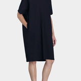Black Crane v neck dress midnight full body relaxed silhouette soft drape knee length