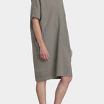 Black Crane v neck dress p grey side view relaxed silhouette soft drape knee length