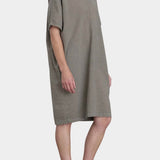 Black Crane v neck dress p grey side view relaxed silhouette soft drape knee length