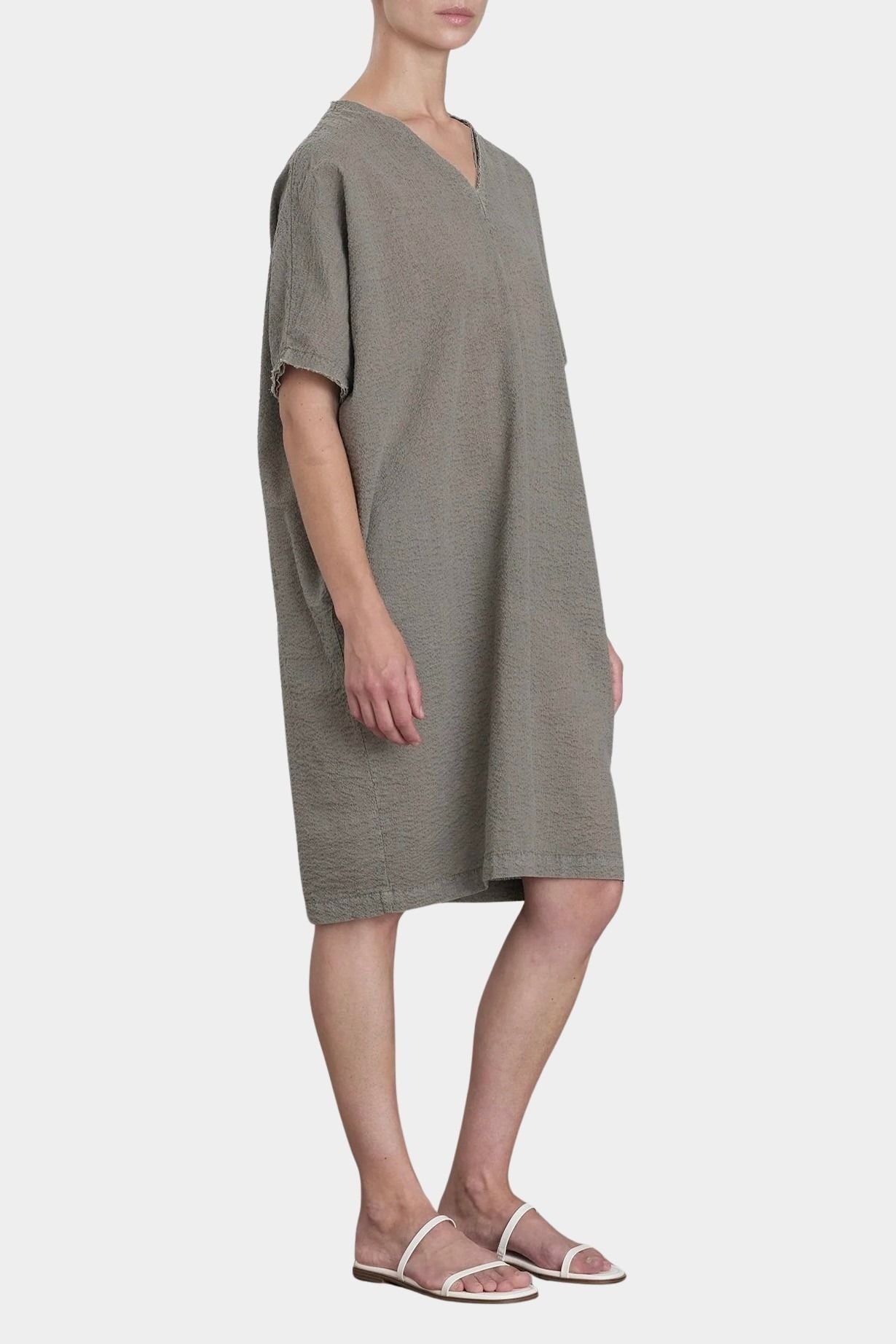 Black Crane v neck dress p grey side view relaxed silhouette soft drape knee length