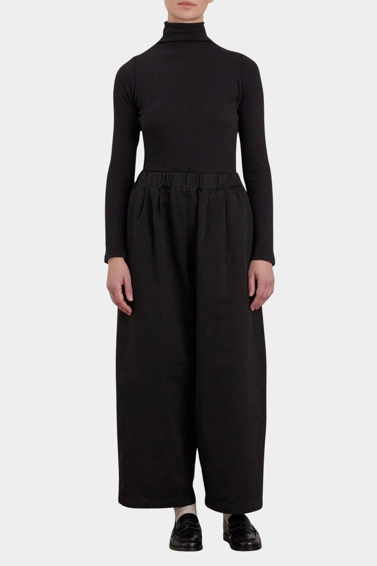 Black Crane Wide Pants Black full front view styled with black turtleneck at YUCCA Denver
