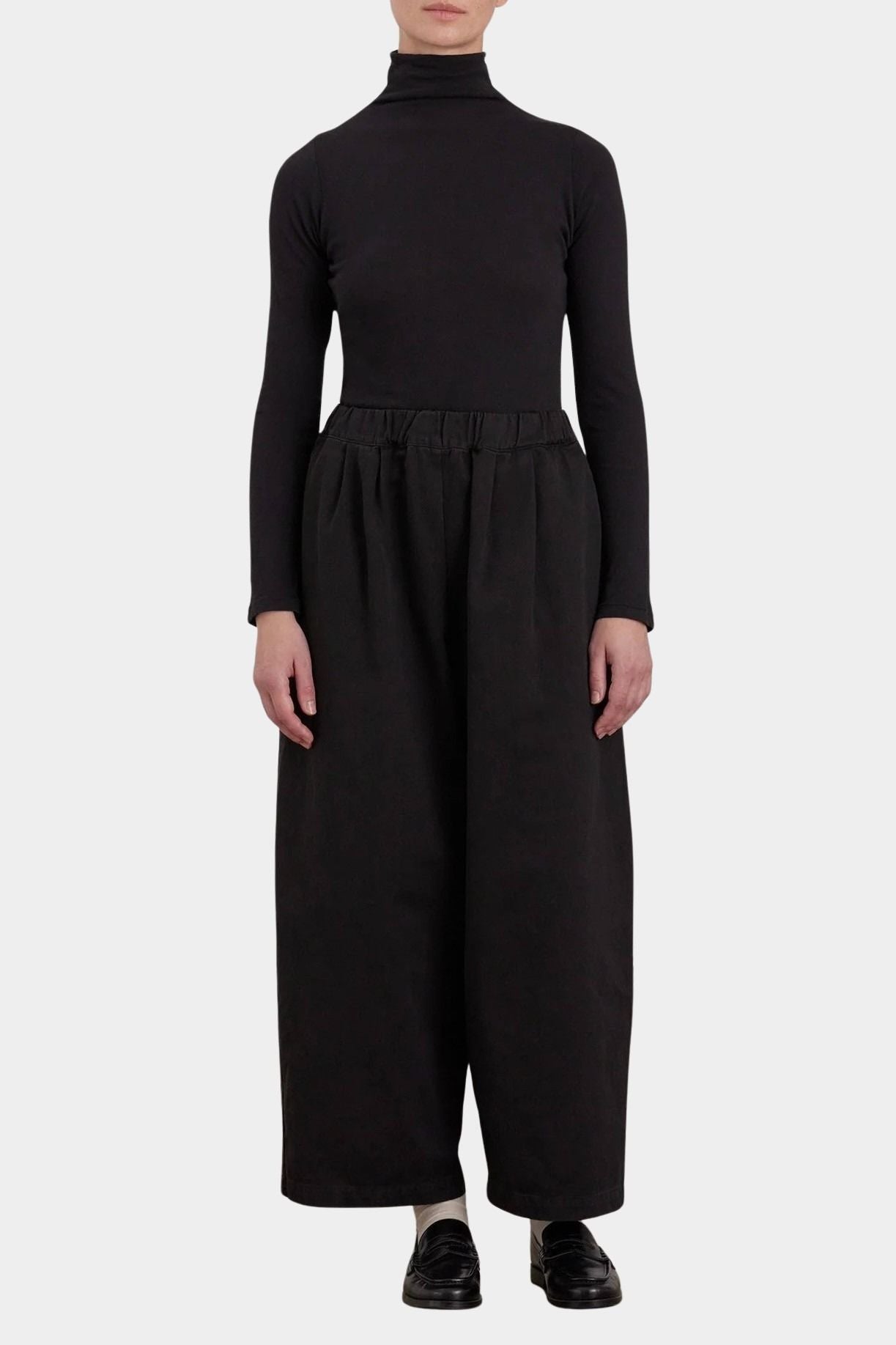 Black Crane Wide Pants Black full front view styled with black turtleneck at YUCCA Denver