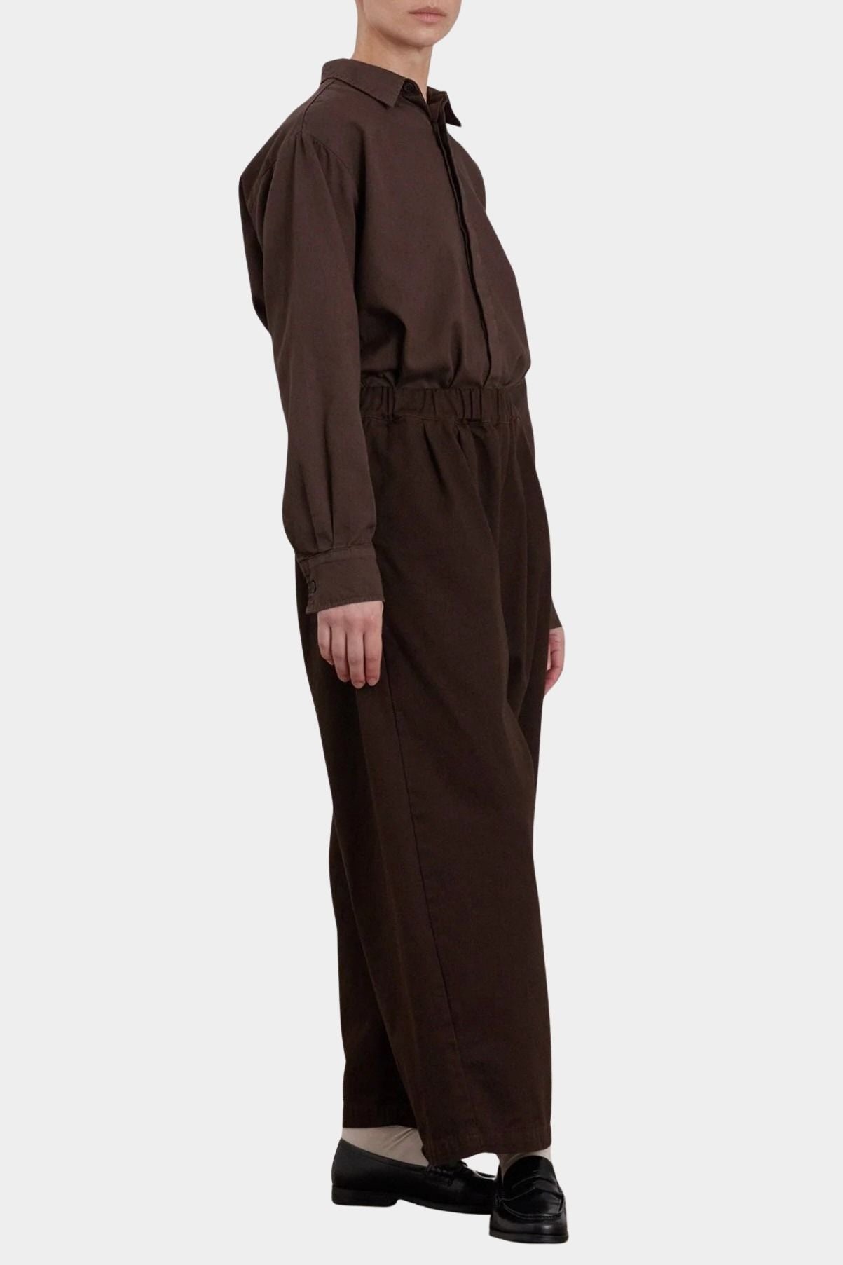 Black Crane Wide Pants Dk. Cacao three quarter view styled with matching Work Shirt