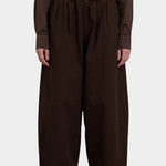 Black Crane Wide Pants Dk. Cacao front view with elastic waistband and softly pleated wide leg