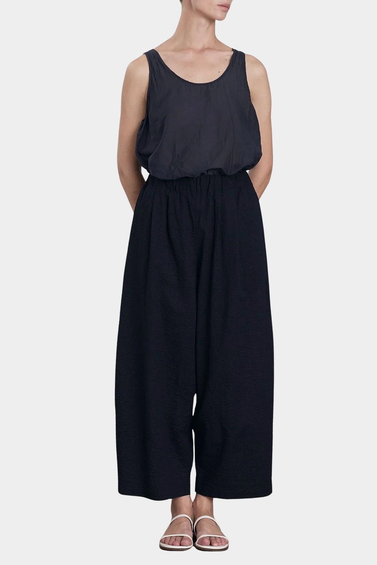 Black Crane wide pants midnight wide leg cotton pants elastic waist front view