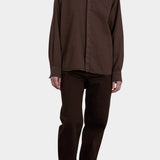 Black Crane Work Shirt Dk. Cacao front view showing oversized fit, long sleeves and concealed button placket