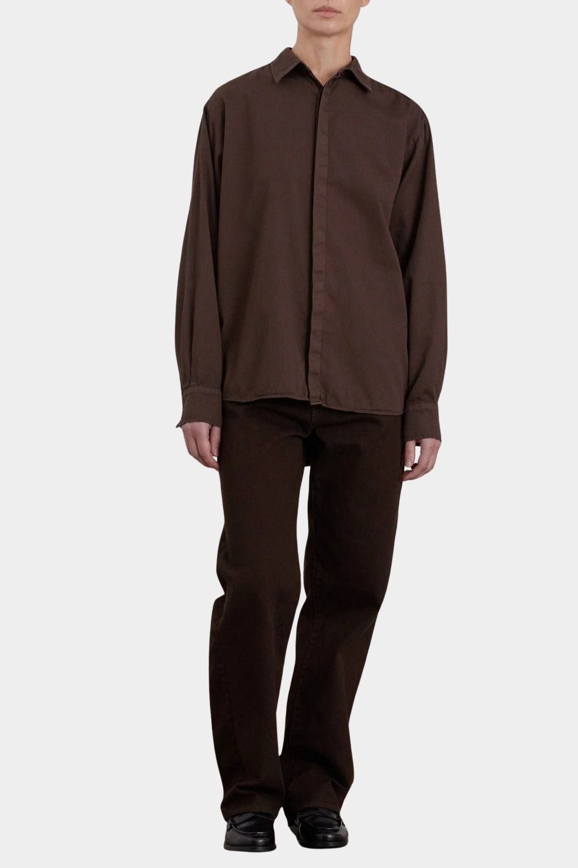Black Crane Work Shirt Dk. Cacao front view showing oversized fit, long sleeves and concealed button placket