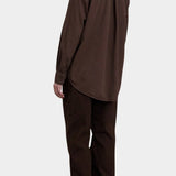 Black Crane Work Shirt Dk. Cacao back view showing relaxed fit, center back pleat and curved hem