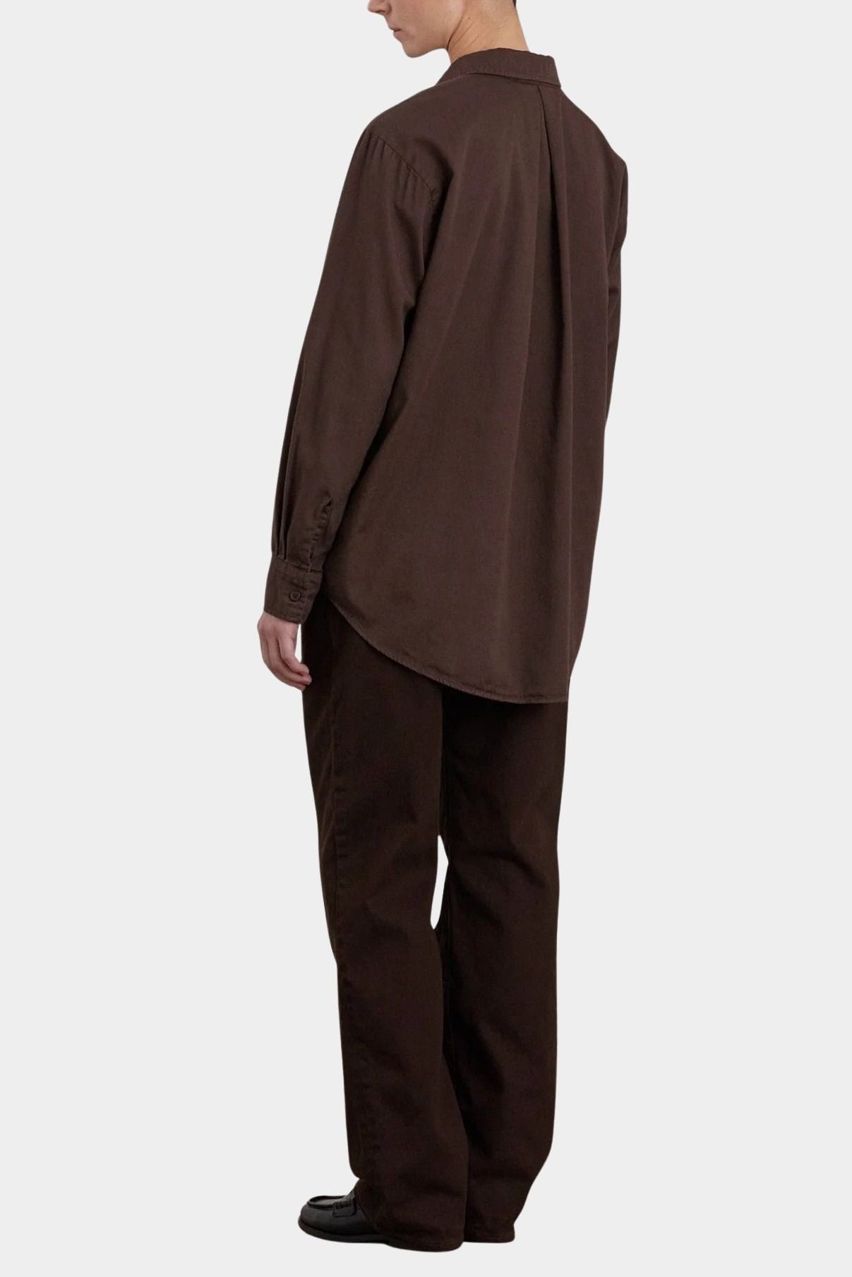 Black Crane Work Shirt Dk. Cacao back view showing relaxed fit, center back pleat and curved hem