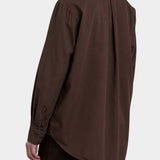 Black Crane Work Shirt Dk. Cacao back detail showing center pleat, dropped shoulders and curved hem