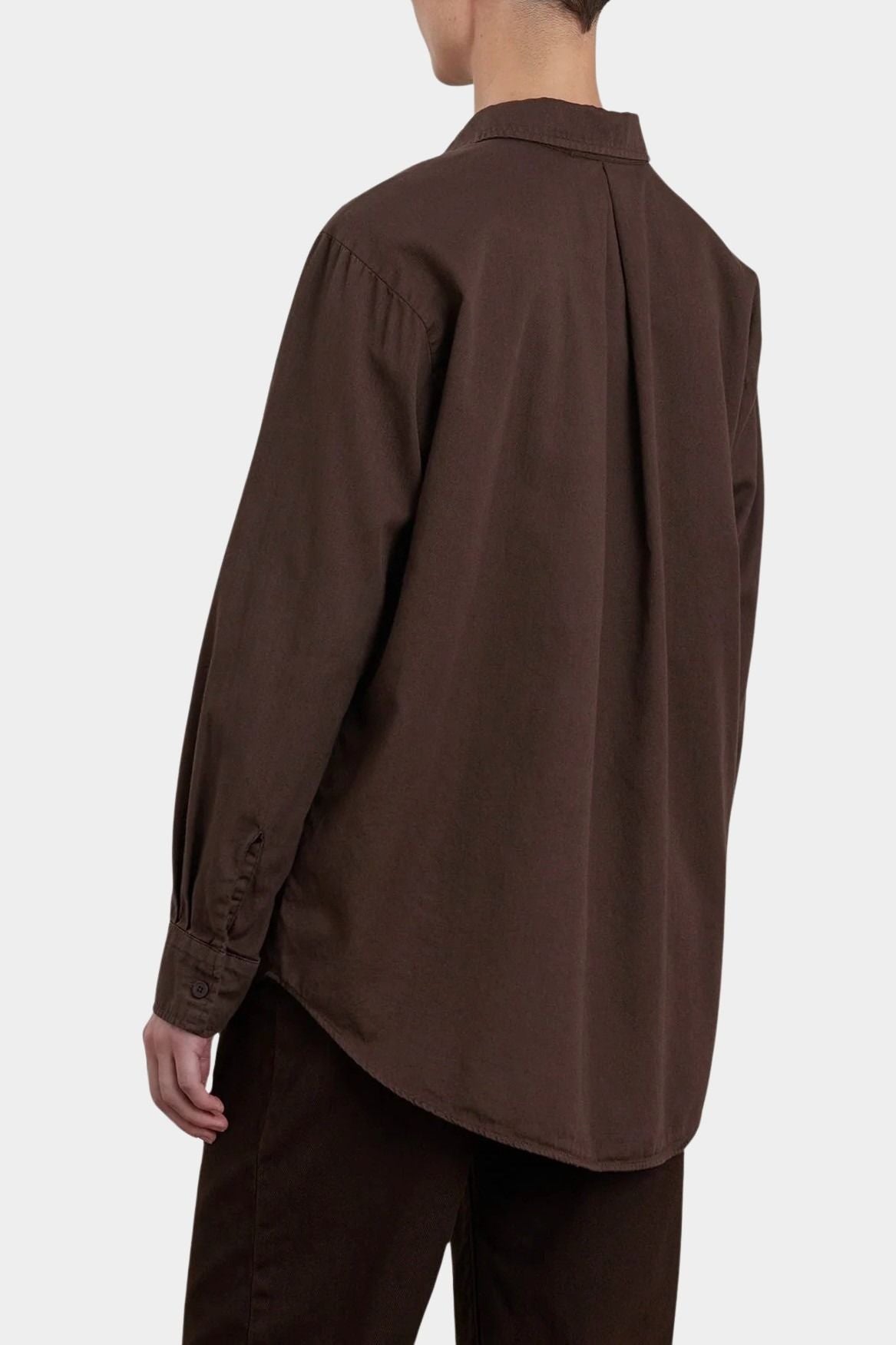 Black Crane Work Shirt Dk. Cacao back detail showing center pleat, dropped shoulders and curved hem