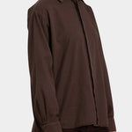 Black Crane Work Shirt Dk. Cacao three quarter view showing point collar, concealed placket and relaxed fit