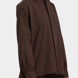 Black Crane Work Shirt Dk. Cacao three quarter view showing point collar, concealed placket and relaxed fit