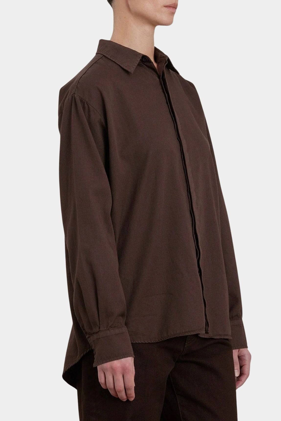 Black Crane Work Shirt Dk. Cacao three quarter view showing point collar, concealed placket and relaxed fit